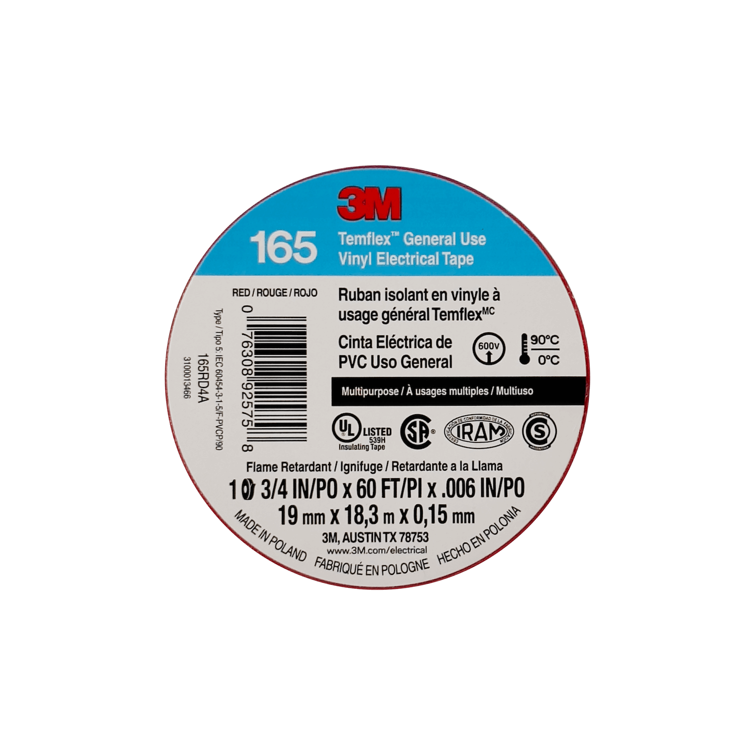 3M 18mt 165 Roja Huincha Cinta Aisladora PVC 19mm 0,15mm 600V 0-90ºC 1