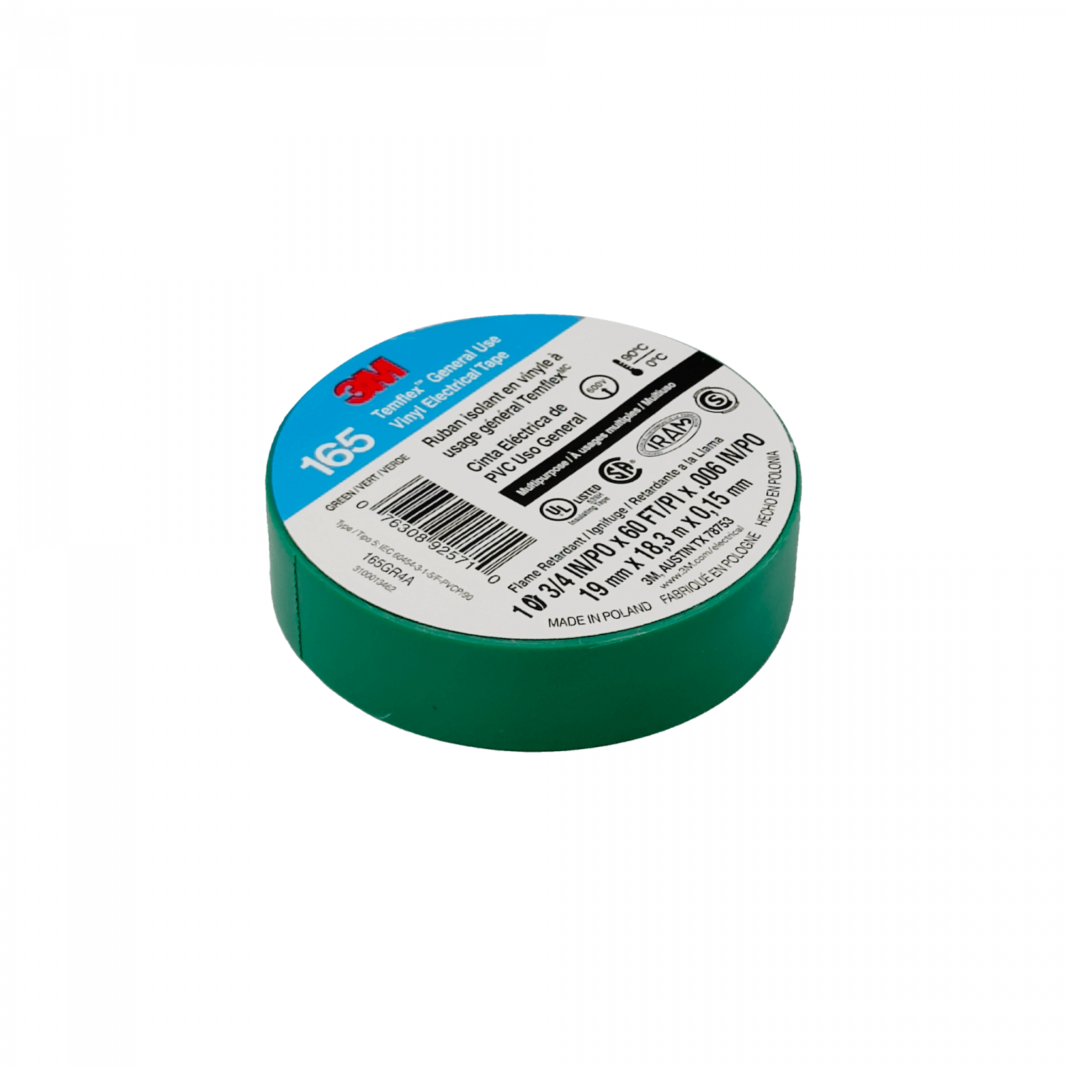 Cinta Huincha Aisladora 3M 165 Verde, 18 Metros, PVC 19mm 0,15mm 600V 0-90ºC 1
