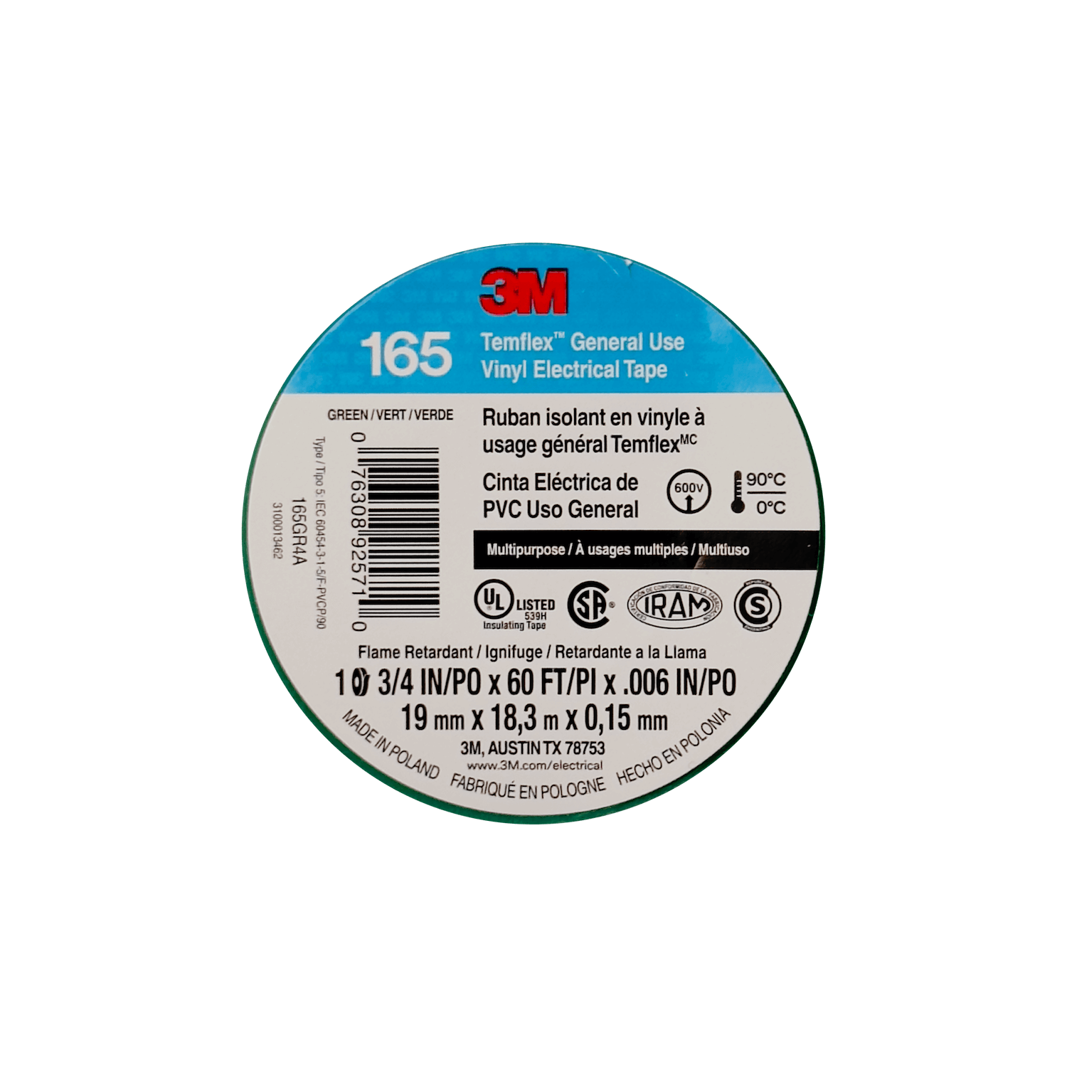 Cinta Huincha Aisladora 3M 165 Verde, 18 Metros, PVC 19mm 0,15mm 600V 0-90ºC 2