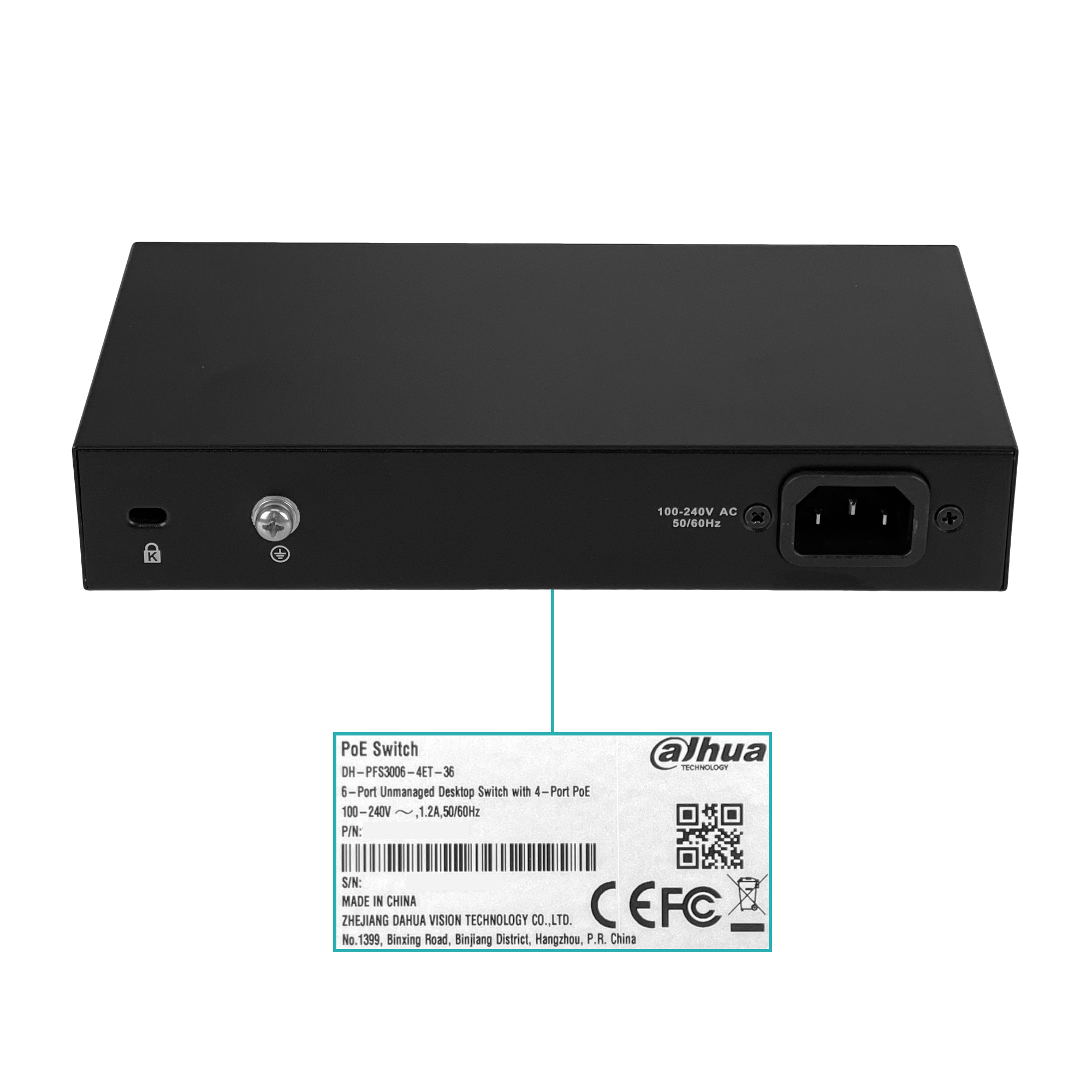 Switch 6 Puertos (4 PoE+af/at) + 2 Uplink 36W No Administrable, Dahua PFS3006-4ET-36 2