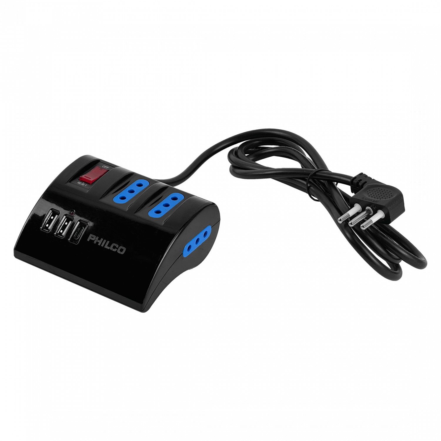 PHILCO Negro Alargador 1,5mt 3-enchufes 2-USB5V 1-USB-C 15W 10A-250V 1