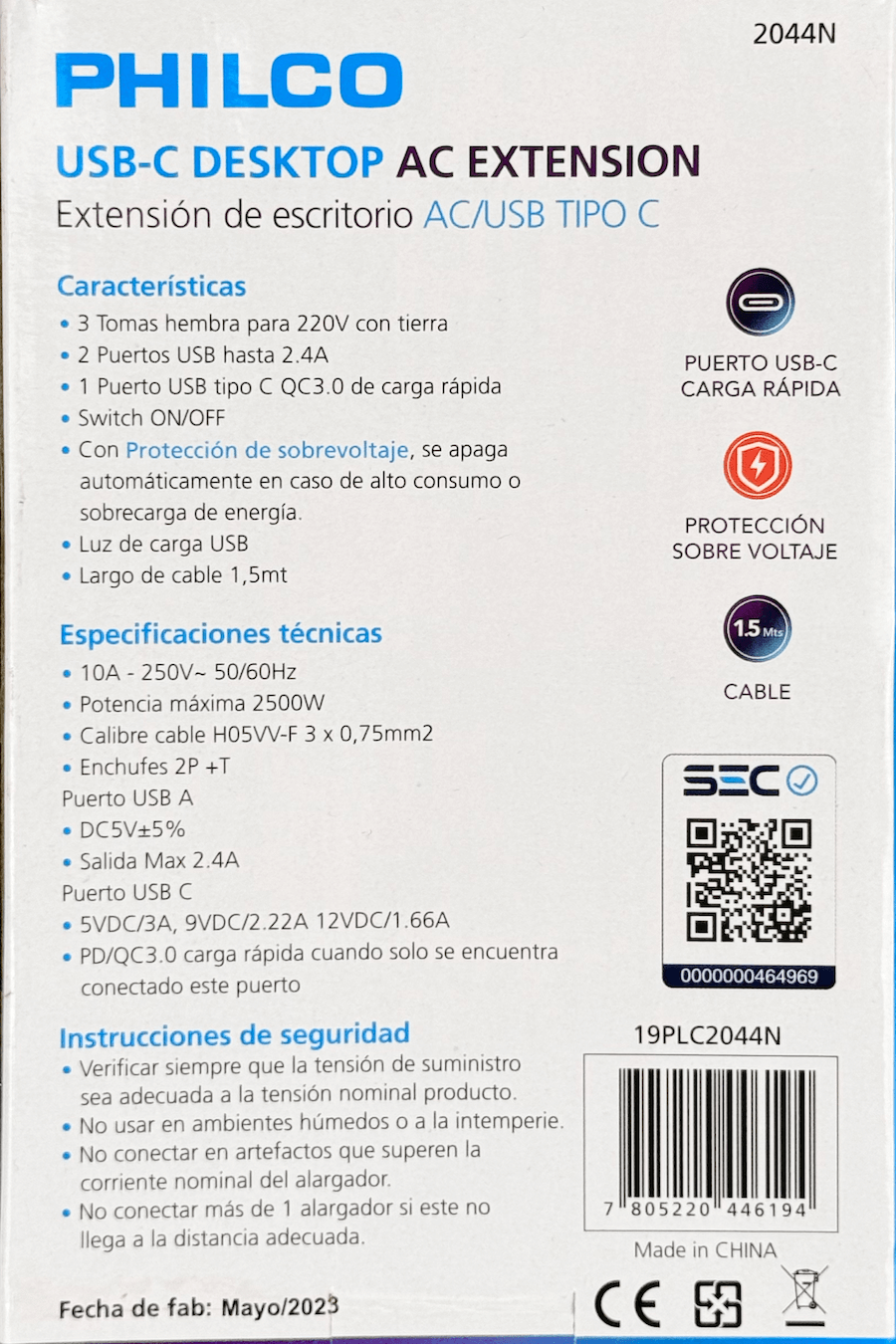 PHILCO Negro Alargador 1,5mt 3-enchufes 2-USB5V 1-USB-C 15W 10A-250V 4