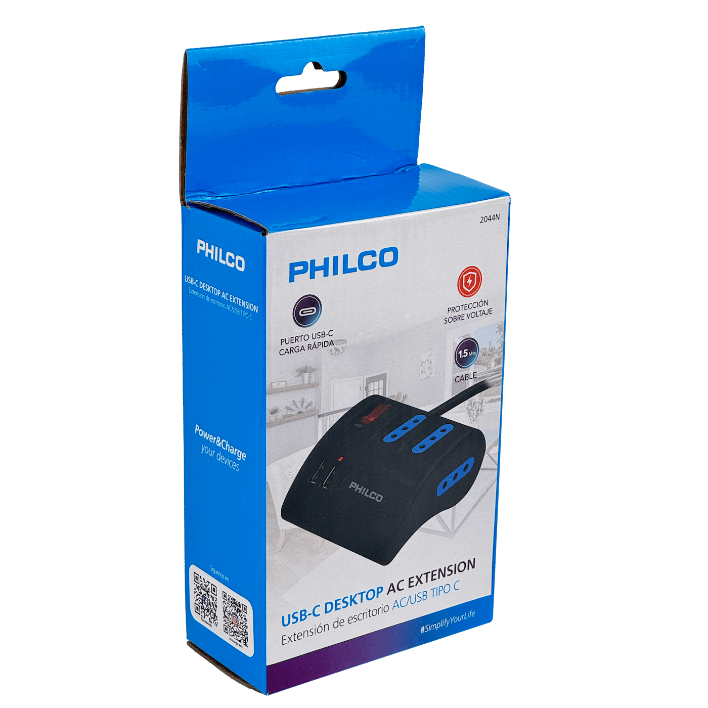 PHILCO Negro Alargador 1,5mt 3-enchufes 2-USB5V 1-USB-C 15W 10A-250V 6