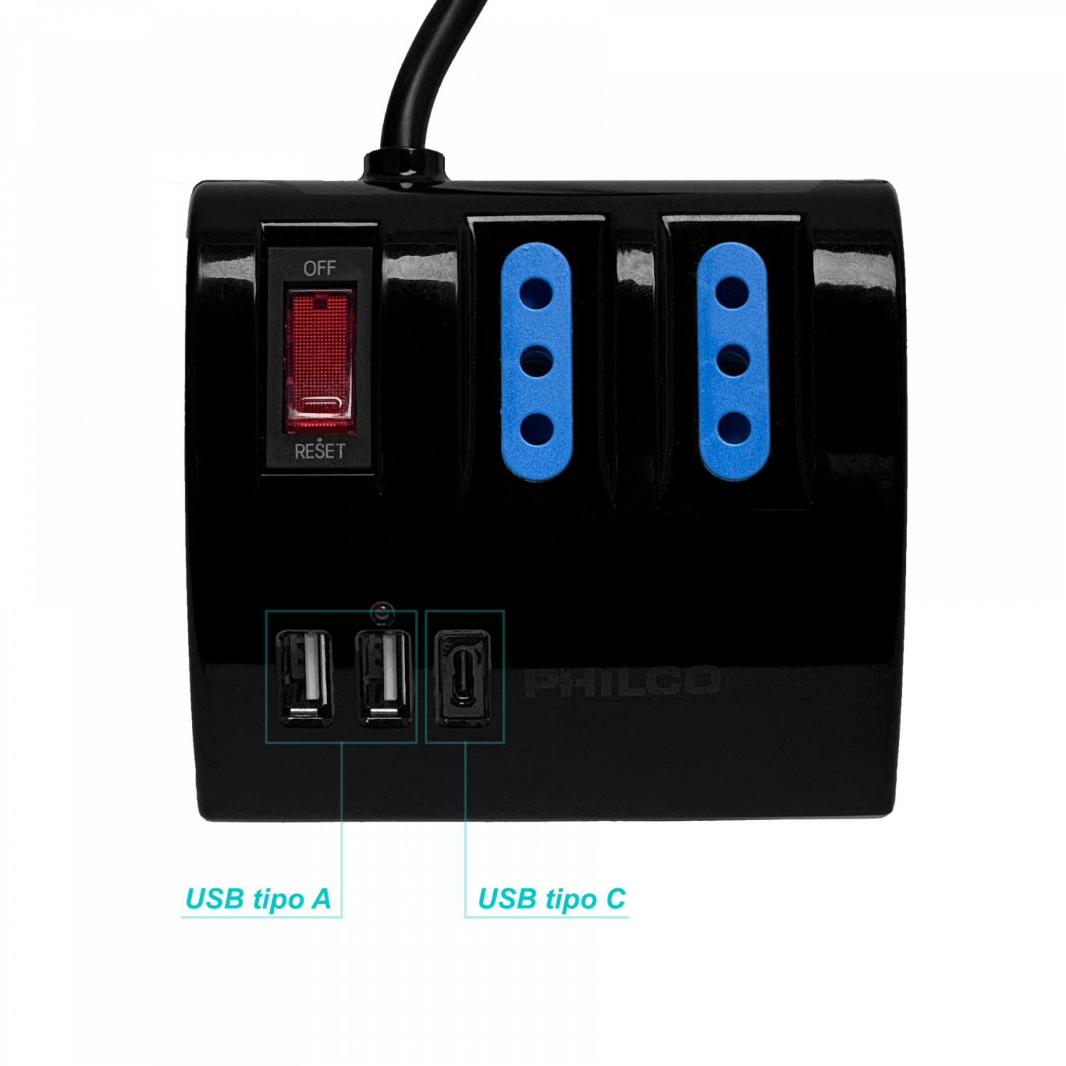 PHILCO Negro Alargador 1,5mt 3-enchufes 2-USB5V 1-USB-C 15W 10A-250V 7