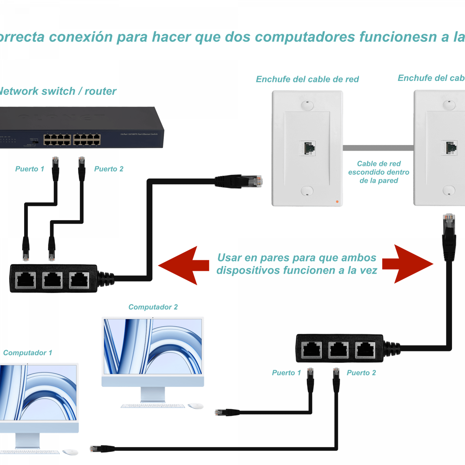 Adaptador de Red Divisor de Cable Ethernet CAT6 1-RJ45-M 3-RJ45-H 3