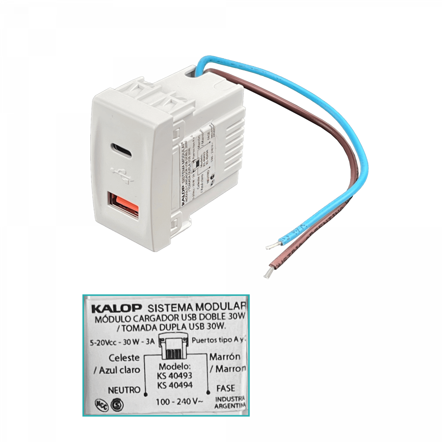 KALOP Type-C 1xUSB-C 1xUSB-A Total 3A 10W 100-240VAC Bastidor KS40493 4
