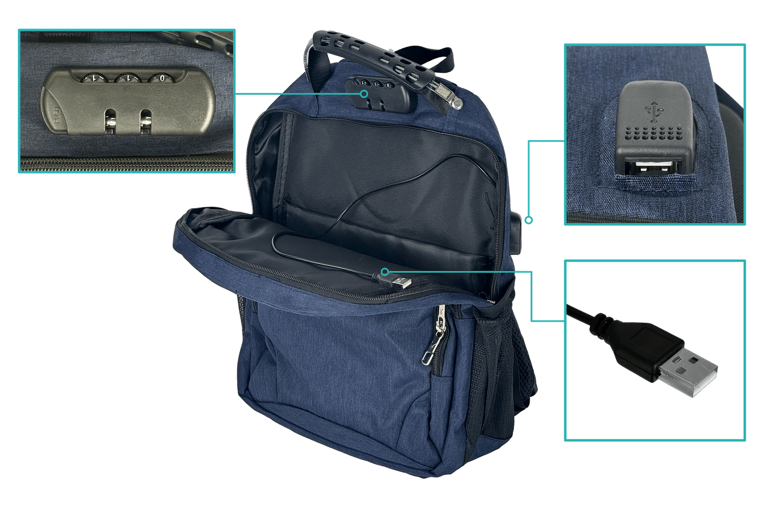 Mochila Azul 16” con USB y Plug 3.5mm para Notebook 31x40cm 1