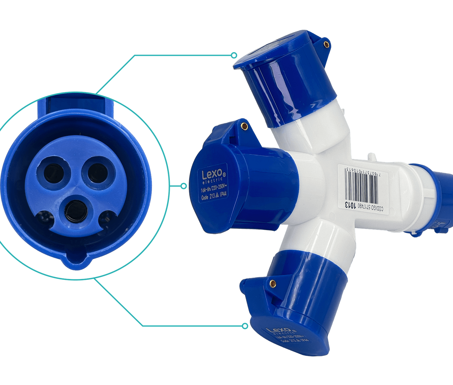 LEXO Triple Enchufe Industrial 1-Macho 3-Hembra 2P+T 16A IP44 250V 1