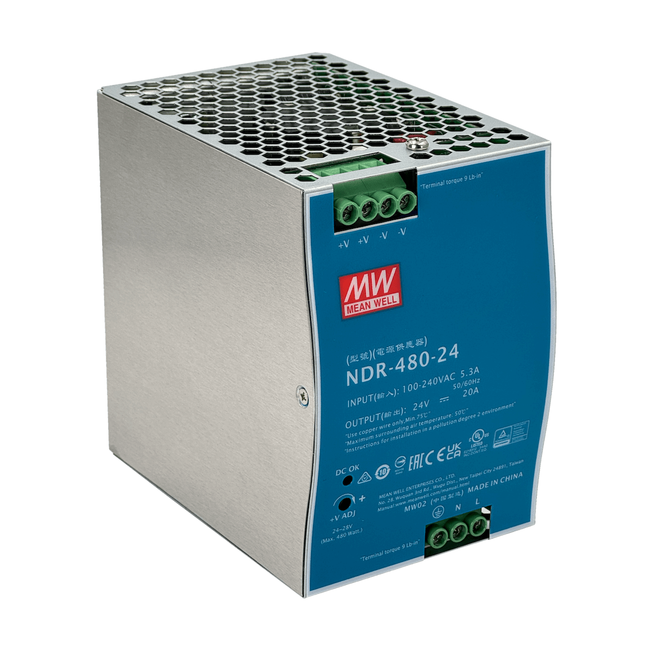 Fuente de Alimentación MEAN WELL NDR-480-24 - 480W, 24V, Montaje en Carril DIN 1