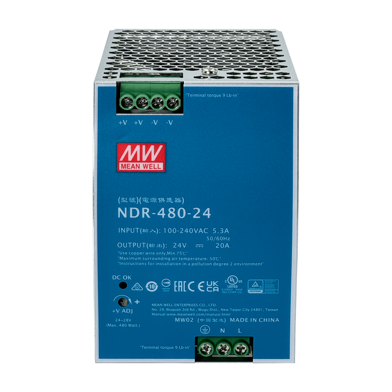 Fuente de Alimentación MEAN WELL NDR-480-24 - 480W, 24V, Montaje en Carril DIN 4