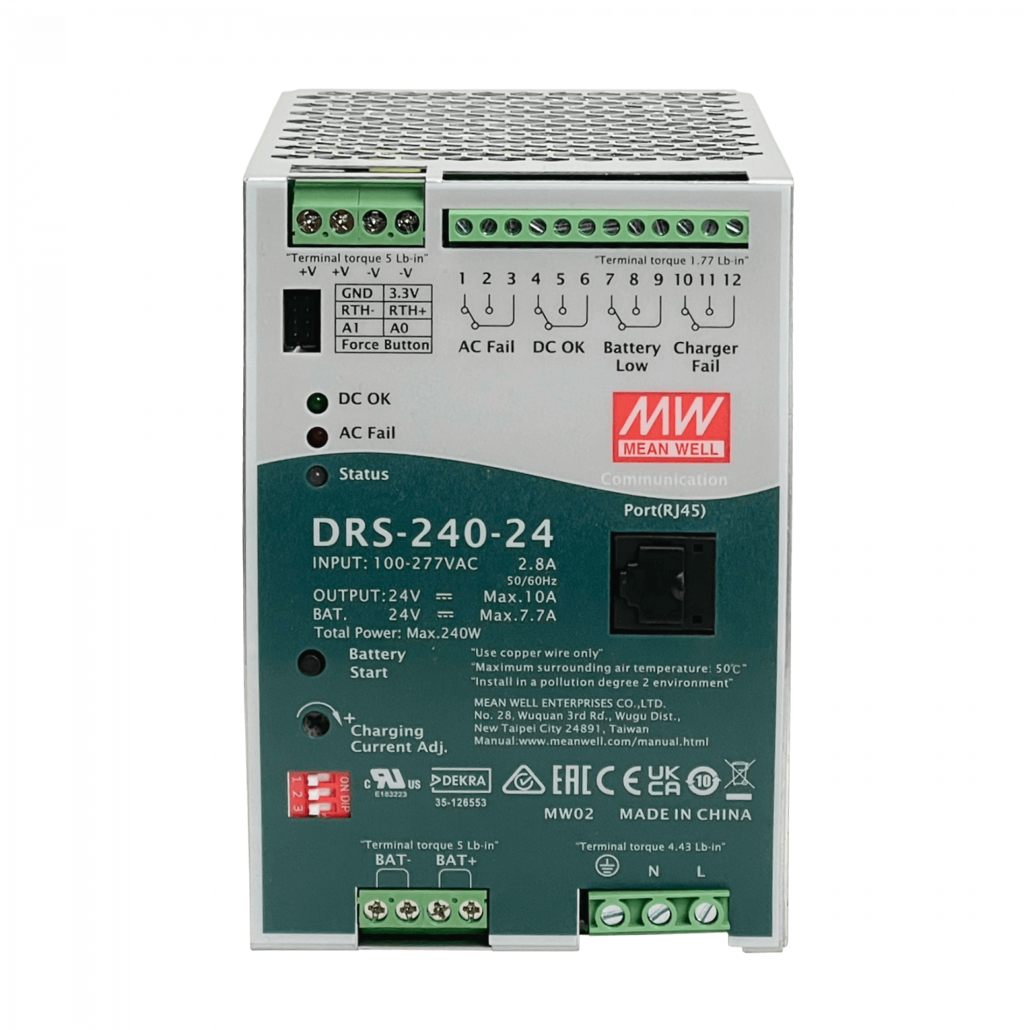 Fuente UPS Mean Well DRS-240-24 24VDC 10A 240W Riel DIN con RJ45 Entrada 100-277VAC 1
