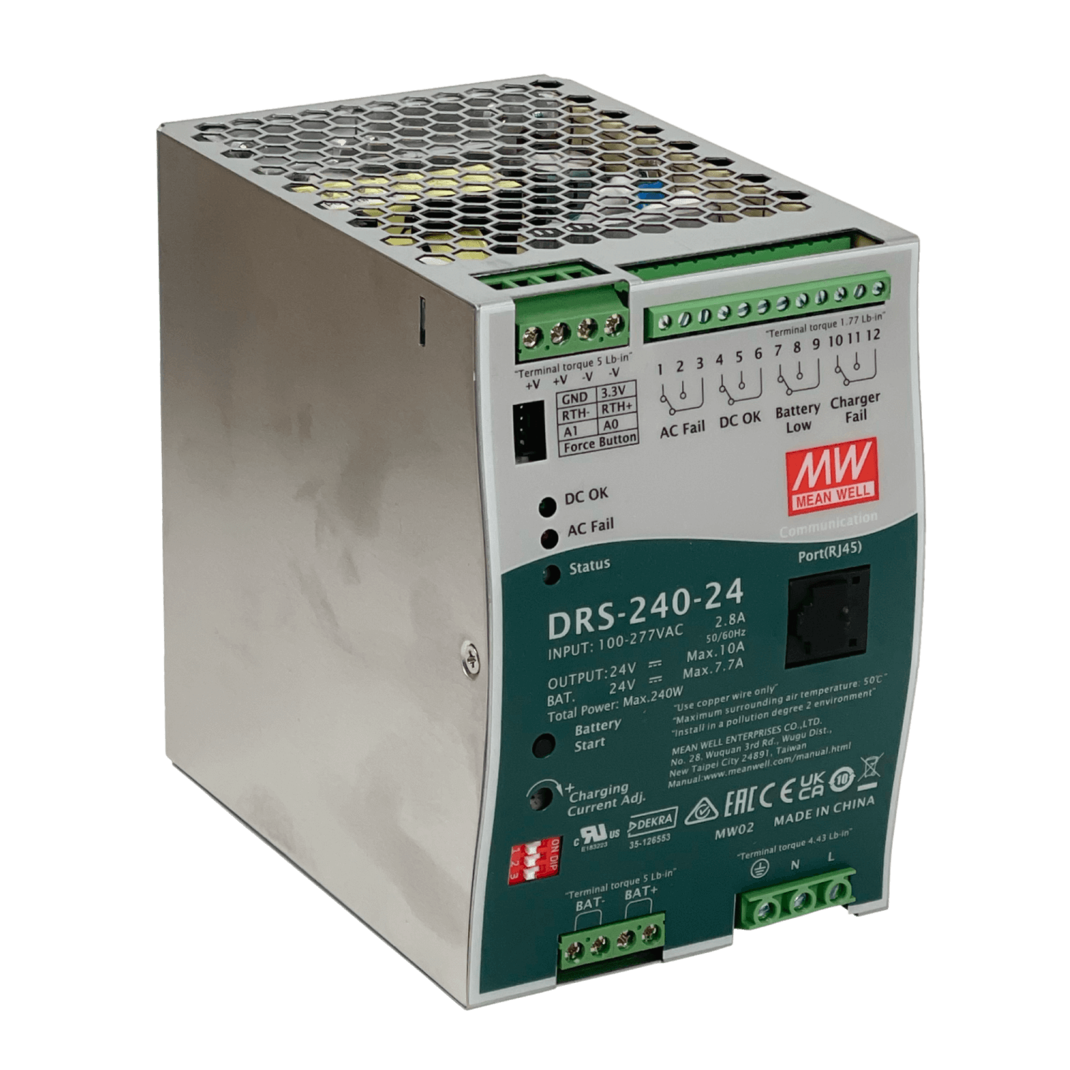Fuente UPS Mean Well DRS-240-24 24VDC 10A 240W Riel DIN con RJ45 Entrada 100-277VAC 2