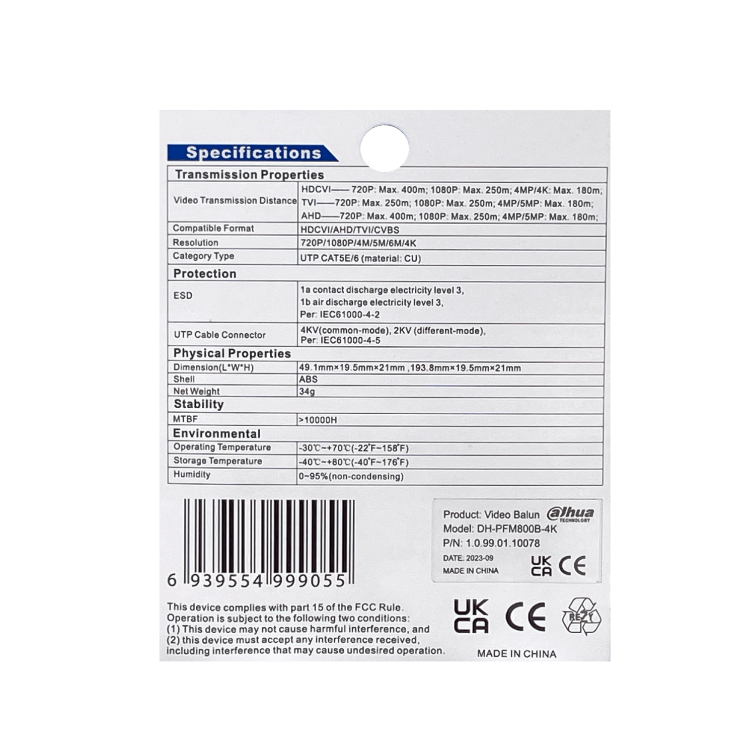 Transceptor Pasivo de Video Dahua PFM800B-4K de 1 Canal 4