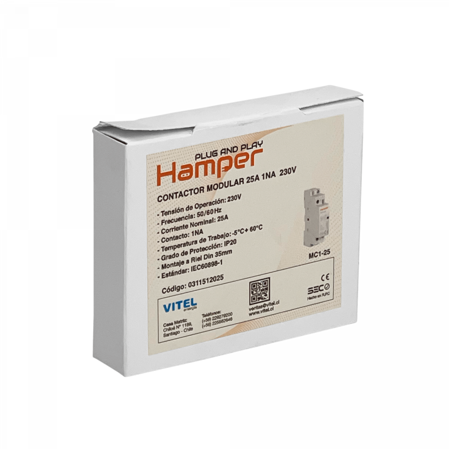 HAMPER 25A Contactor Monofasico Modular 230/400V 1NA IP20 Certif-SEC 2