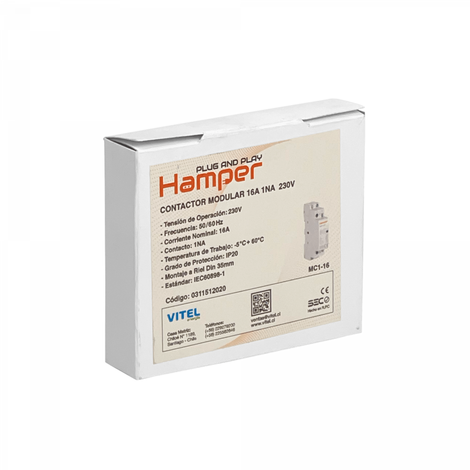 HAMPER 16A Contactor Monofasico Modular 230/400V 1NA IP20 Certif-SEC 1
