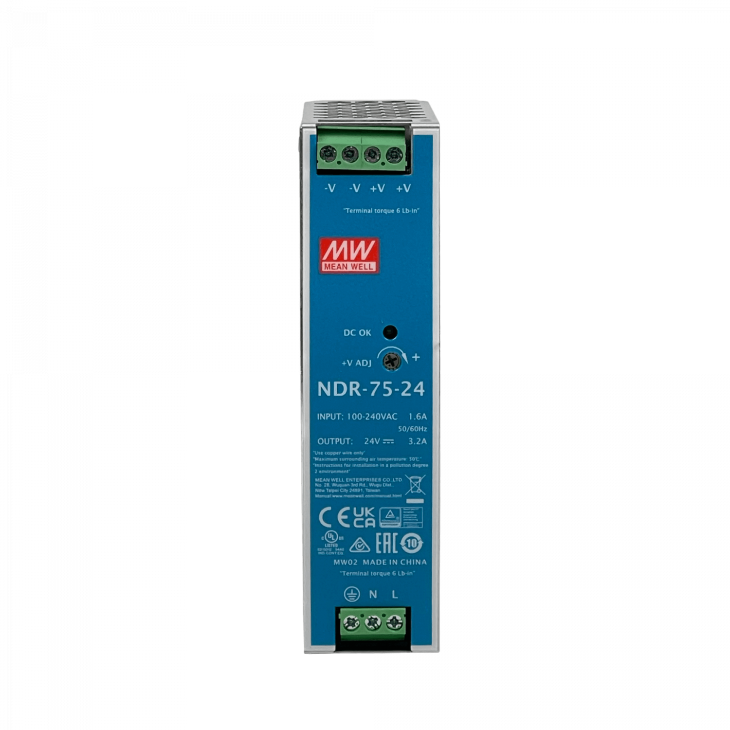 Fuente de Poder Mean Well NDR-75-24 24VDC 3.2A 76W Riel DIN Ajustable 100-240VAC 5