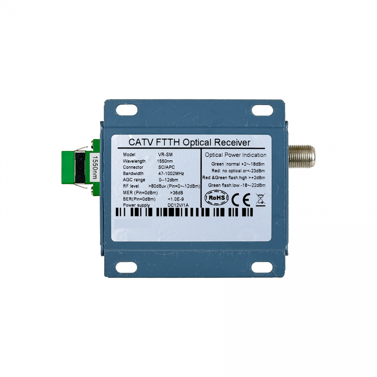 Transceptor Óptico WOLCK VR-860MS SC/APC a F-Hembra Activo 1210–1610nm, 47–1000MHz, con Fuente 12V 2