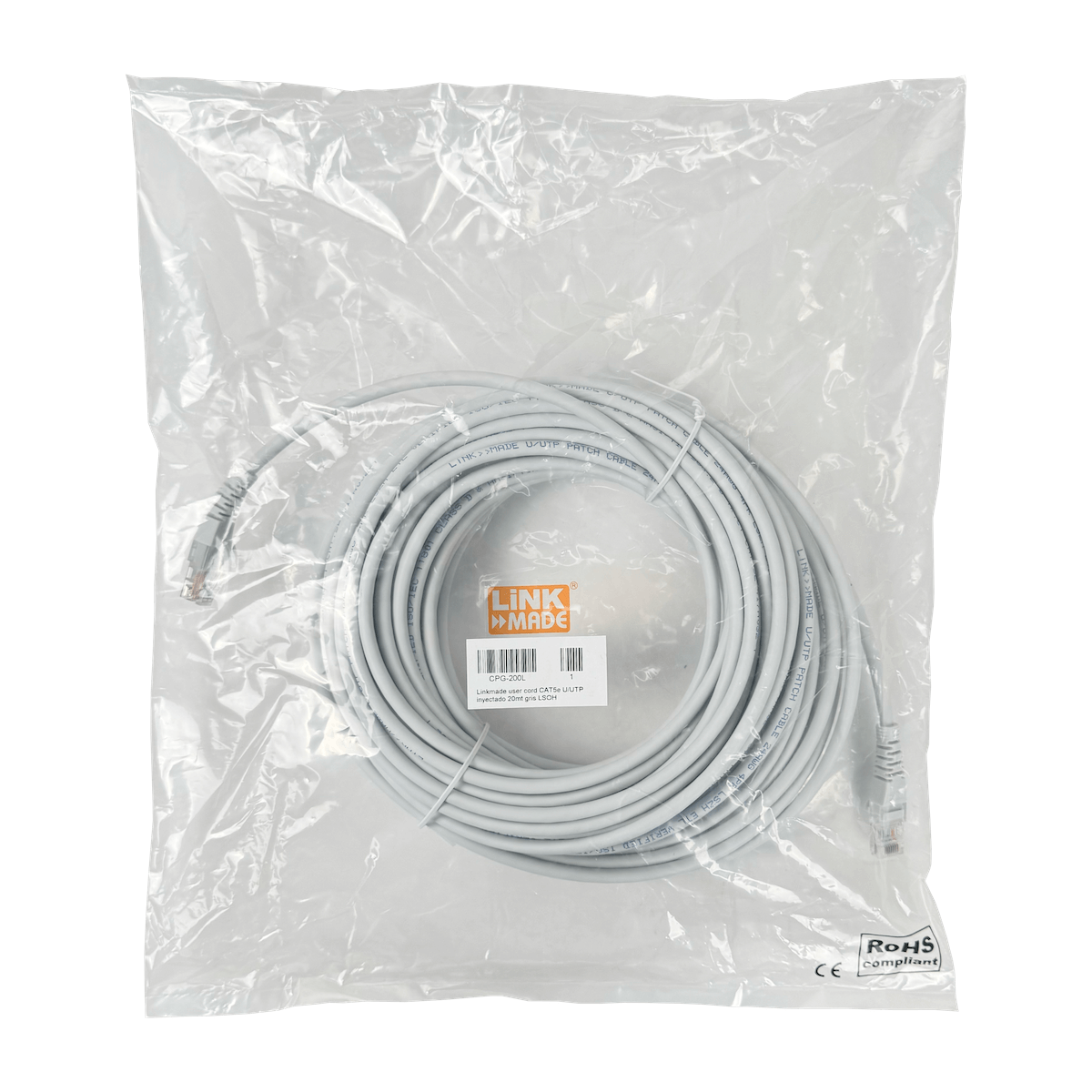 Cable Patch LINKMADE Cat5e 20mt Gris LSZH Inyectado Multifilar 2