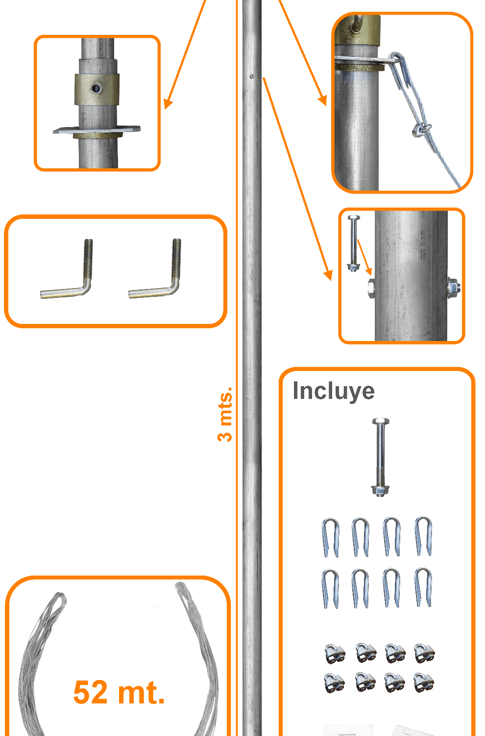Mastil Telescopico LINKMADE MAST-20 20 pies 6m con Vientos 2 Tubos Alcance 3m 1