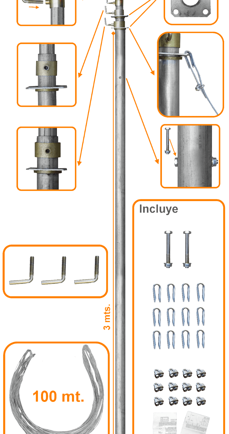 LINKMADE 30pies 9mt Mastil Telescopico con Vientos 3-Tubos-3mt 1
