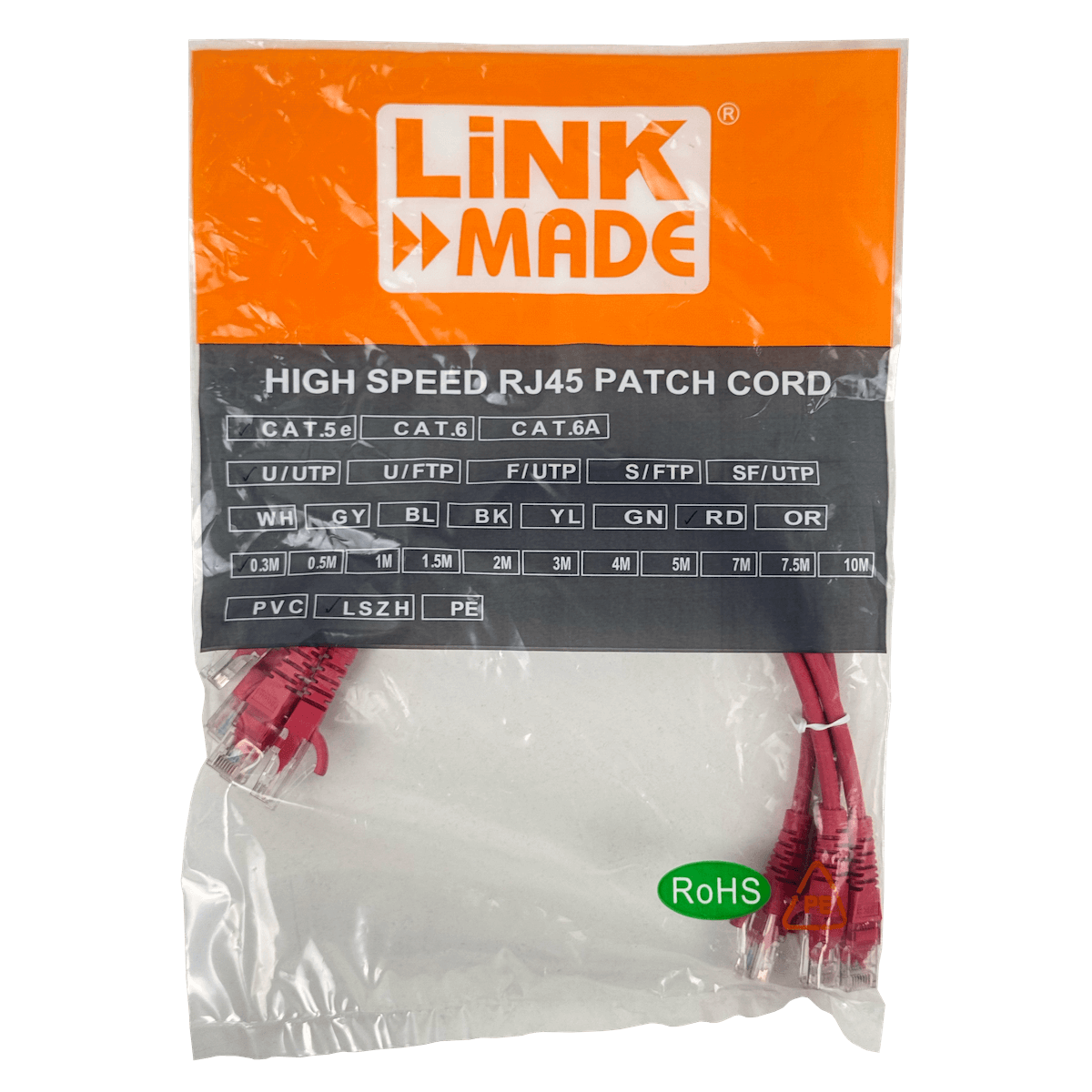 Pack x4 Cable Patch LINKMADE Cat5e 30cm Rojo LSZH Inyectado Multifilar 1