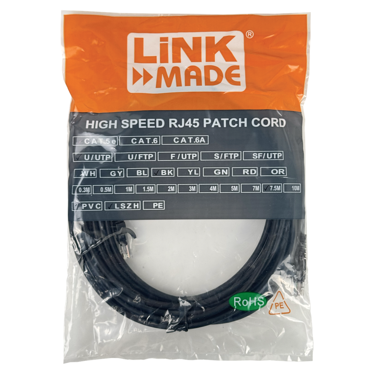 Cable Patch LINKMADE Cat5e 7.5mt Negro LSZH Inyectado Multifilar 3