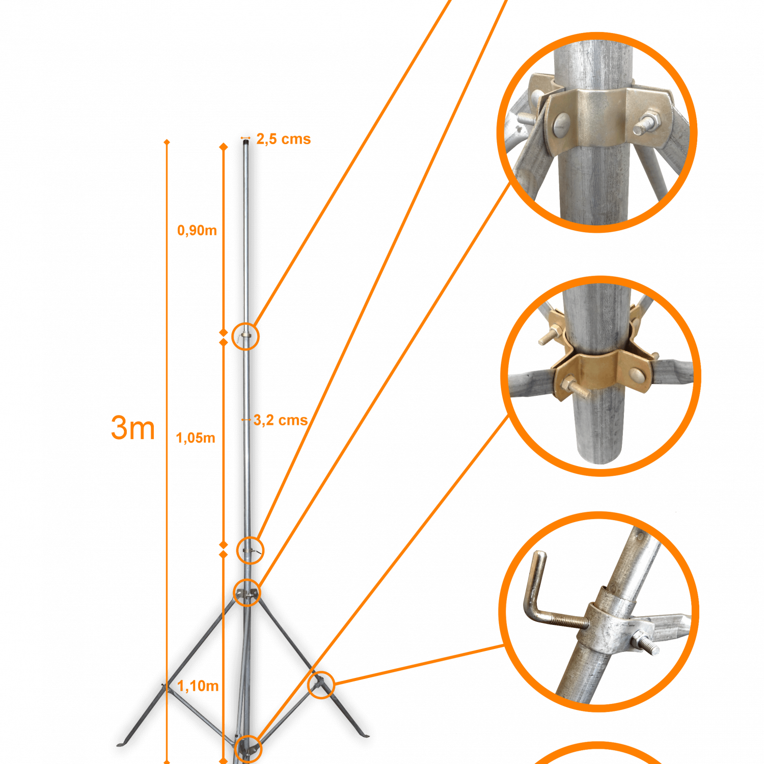 LINKMADE 3mt Mastil Liviano Telescopico Galvanizado No-req-piola 2