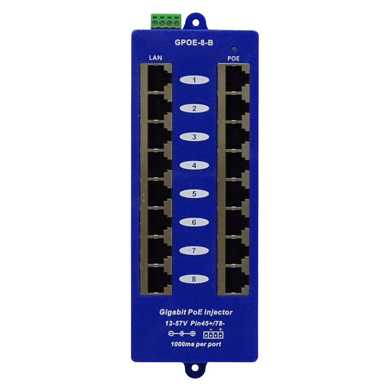 Inyectores PoE Pasivo 8-puertos-1A 16-RJ45 Jack-5,5x2,1mm req/12-57V 1
