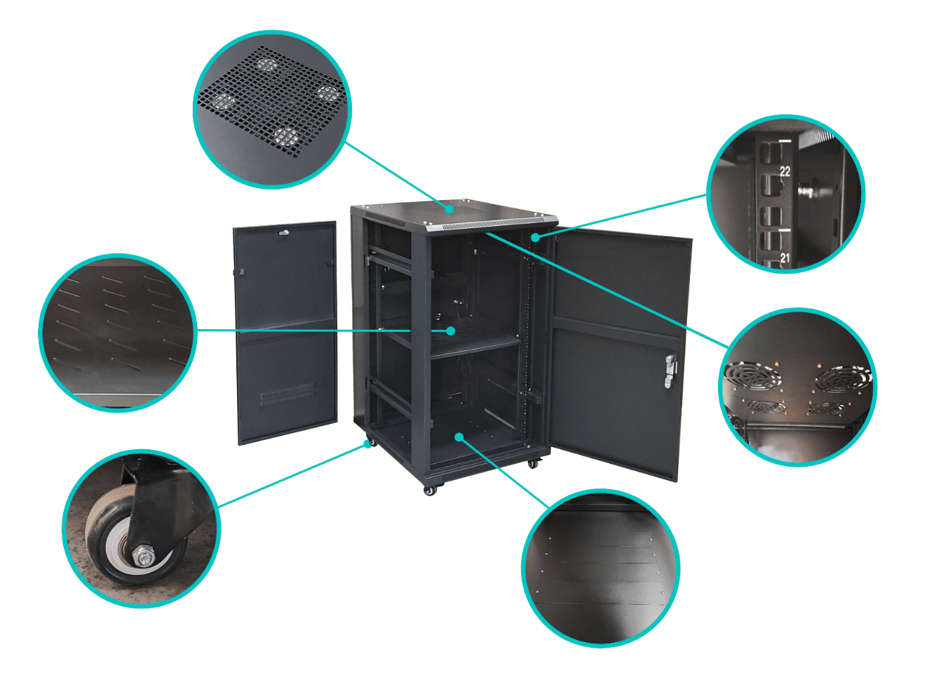 Rack 22U Ciego Fondo-80cm Ancho-19pulg Piso Ruedas Bandeja PDU 7