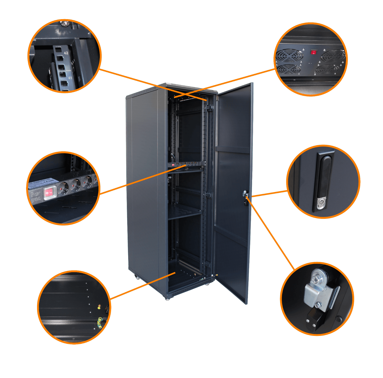 Fondo-80cm 42U Chapa-Uni Vent Rack Ancho19p/60cm Piso 2-Bandej55cm PDU 3