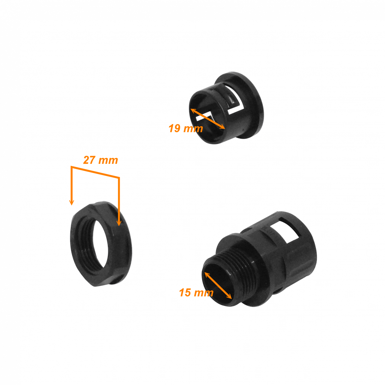 19mm Salida Caja Prensa Estopa p/Conduit Flexible Plastico Negro 1