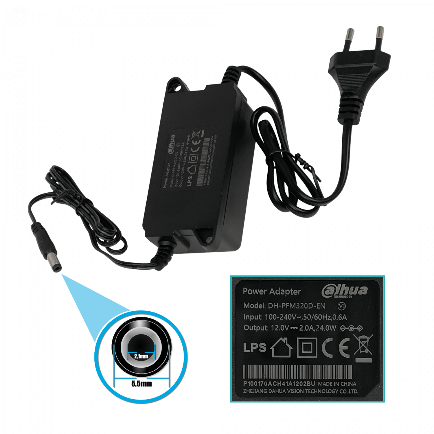 Fuente de Poder DAHUA F12-2B 12VDC 2A 24W Adaptador con Conector 5,5x2,1mm para CCTV 2