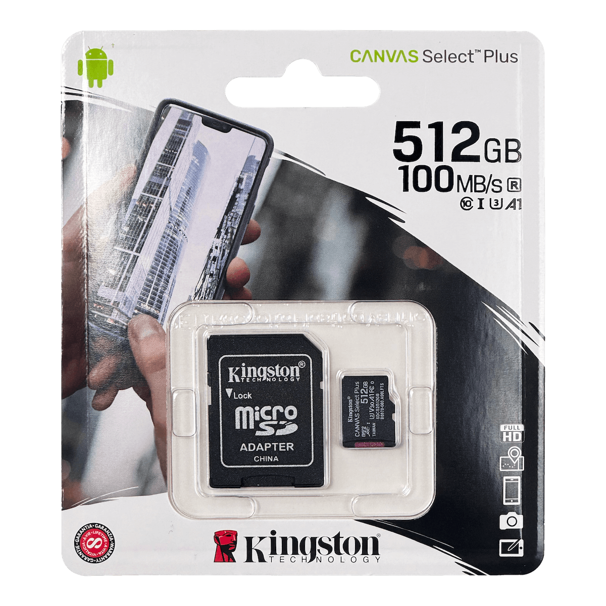 KINGSTON 512GB MicroSD c/Adaptador-SD 100/85mb/s Class10 UHS-I U3 V30 3