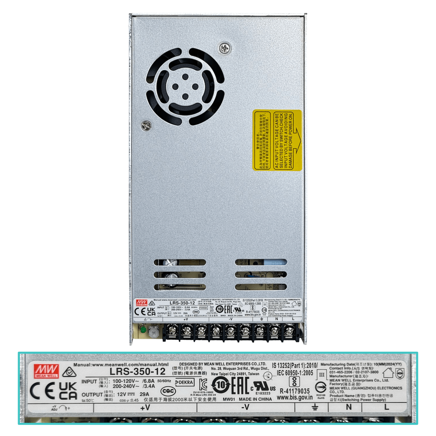 Fuente de poder MEAN WELL LRS-350-12, 350 W, 12 V, 29 A, ajustable, carcasa metálica con ventilador 6