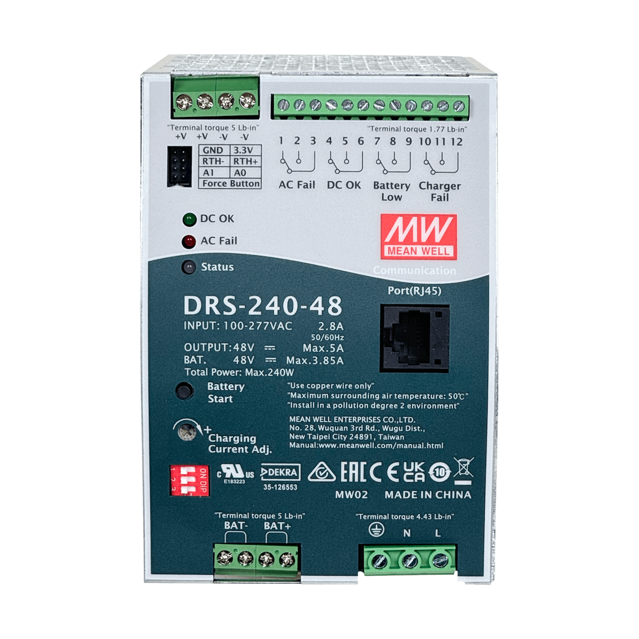 Fuente UPS Mean Well DRS-240-48 48VDC 5A 240W Riel DIN con RJ45 Entrada 100-277VAC 3