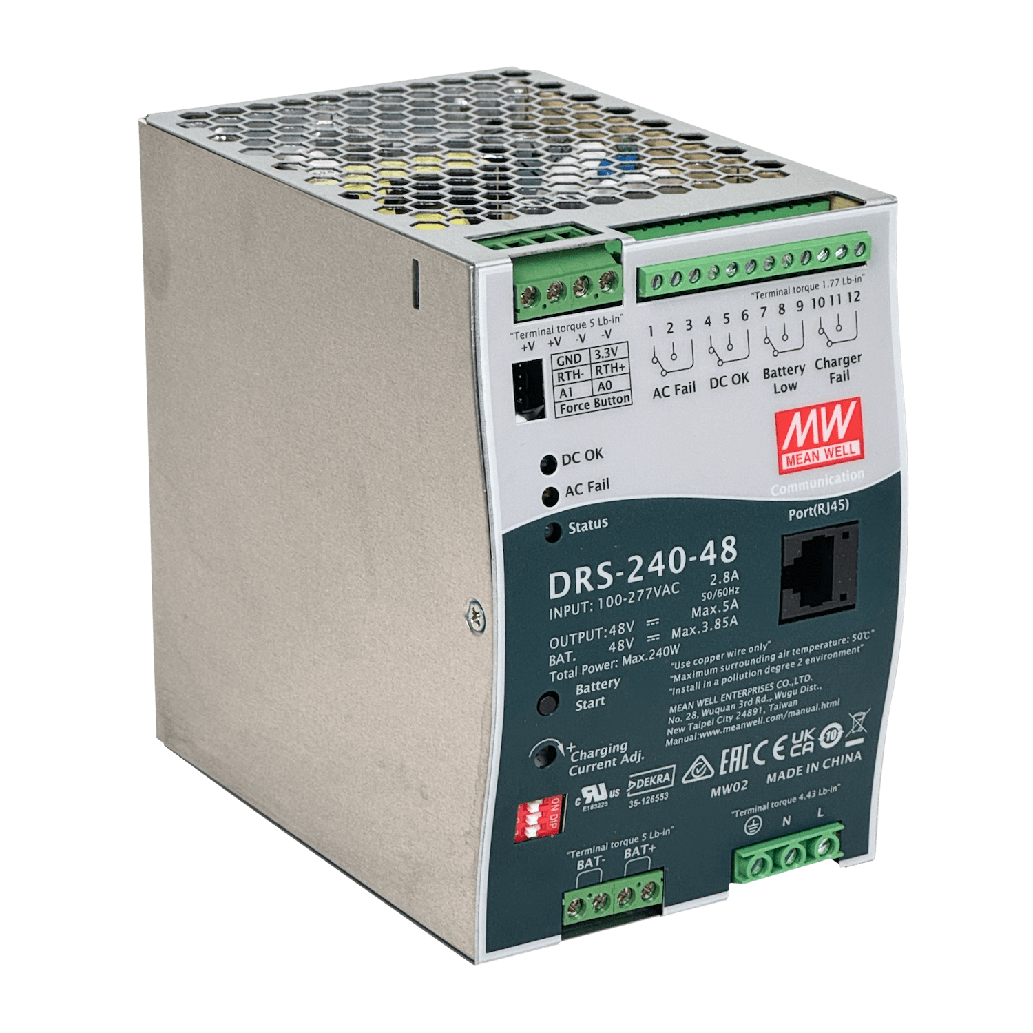 Fuente UPS Mean Well DRS-240-48 48VDC 5A 240W Riel DIN con RJ45 Entrada 100-277VAC 5