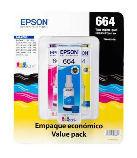 Pack de 3 Botellas de Tinta Original Epson T664, Amarillo,Cian, Magenta, 70ml 1