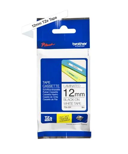 BROTHER 12mm Negro en Fondo Blanco Cinta 8mt p/PT-H110/E300/E550 1