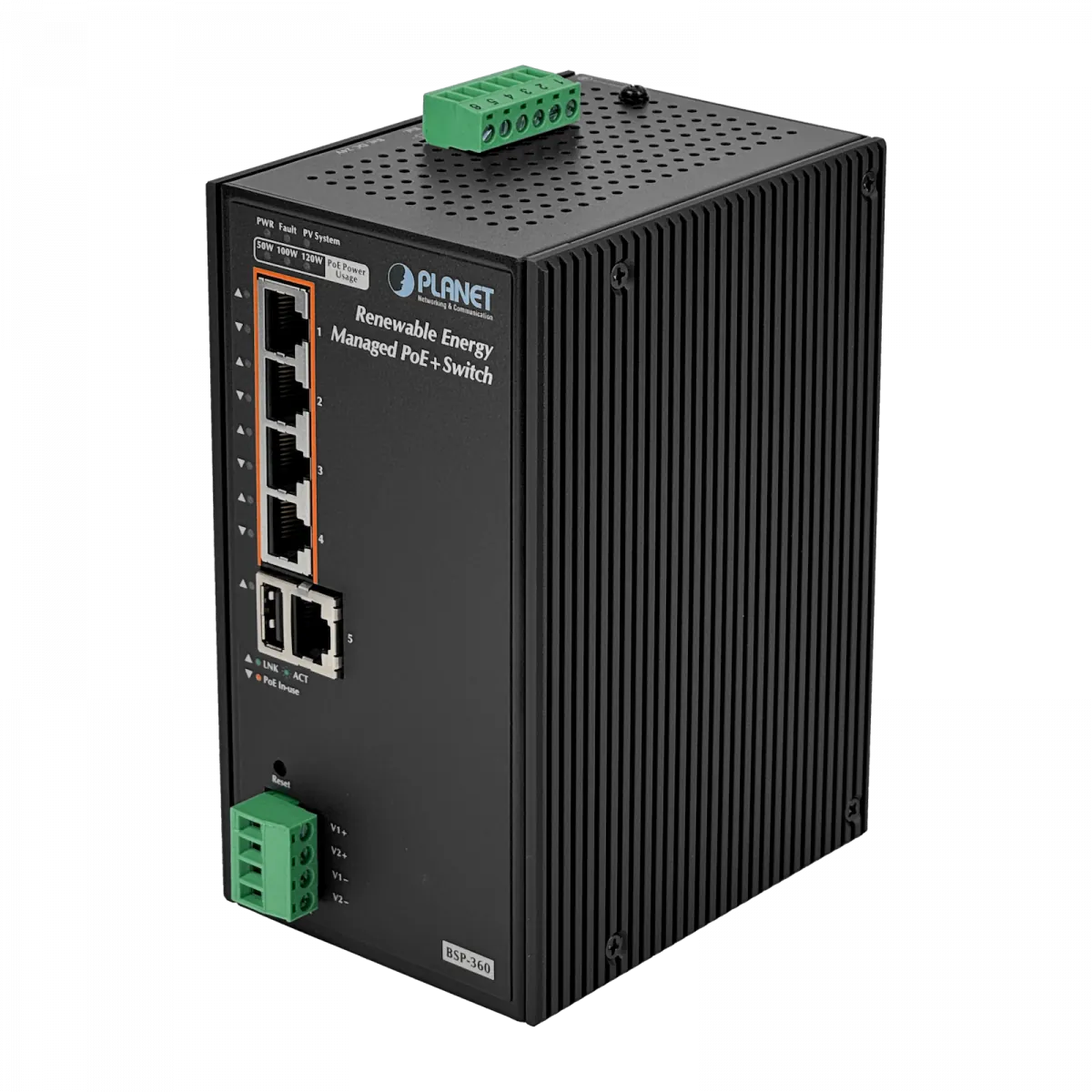 PLANET Switch Adm 5-1000-PoE+ CargaSolar PV24-45V/120W req-Bat24V Rdin 1