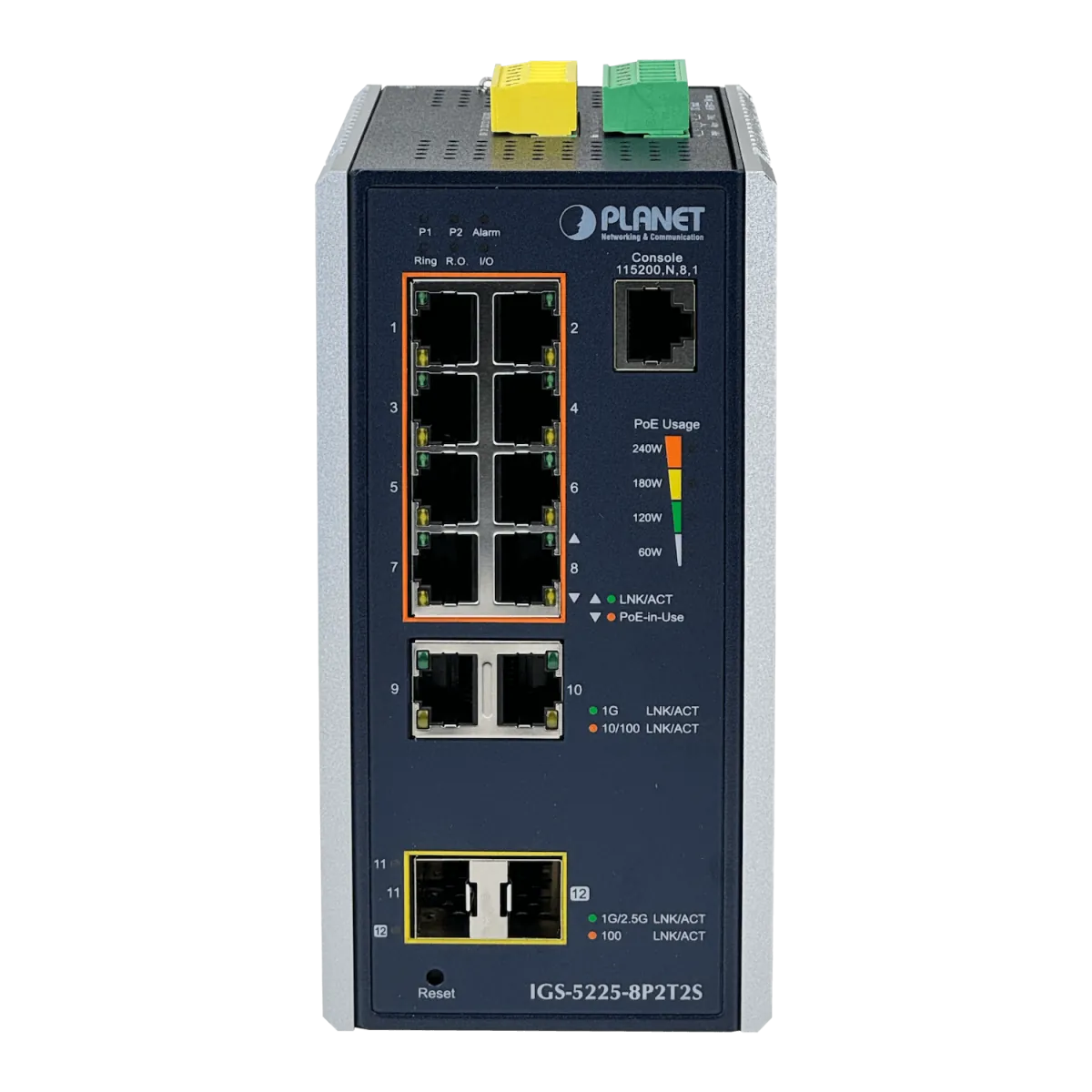 Switch PLANET 8-1000-PoE 2-1000 2-SFP 240W-tot RielDIN Switch Indust 8P2T2S 1