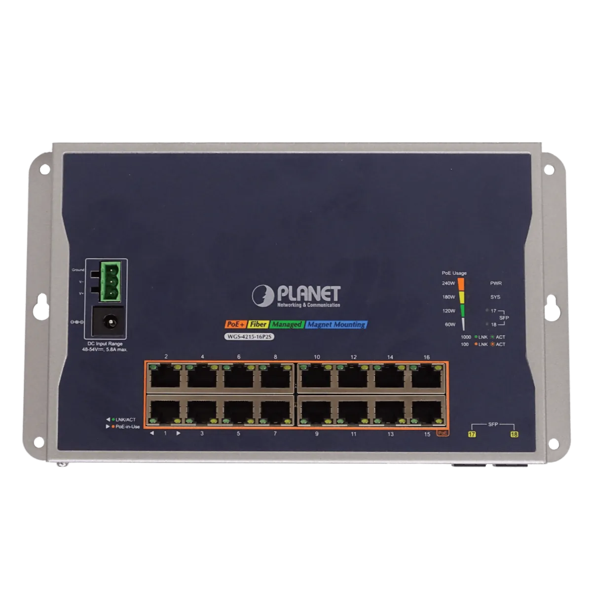 Switch PLANET 16-1000-PoE+ 2-SFP 240W Switch Indust Admin Riel-DIN 48/54VDC 1