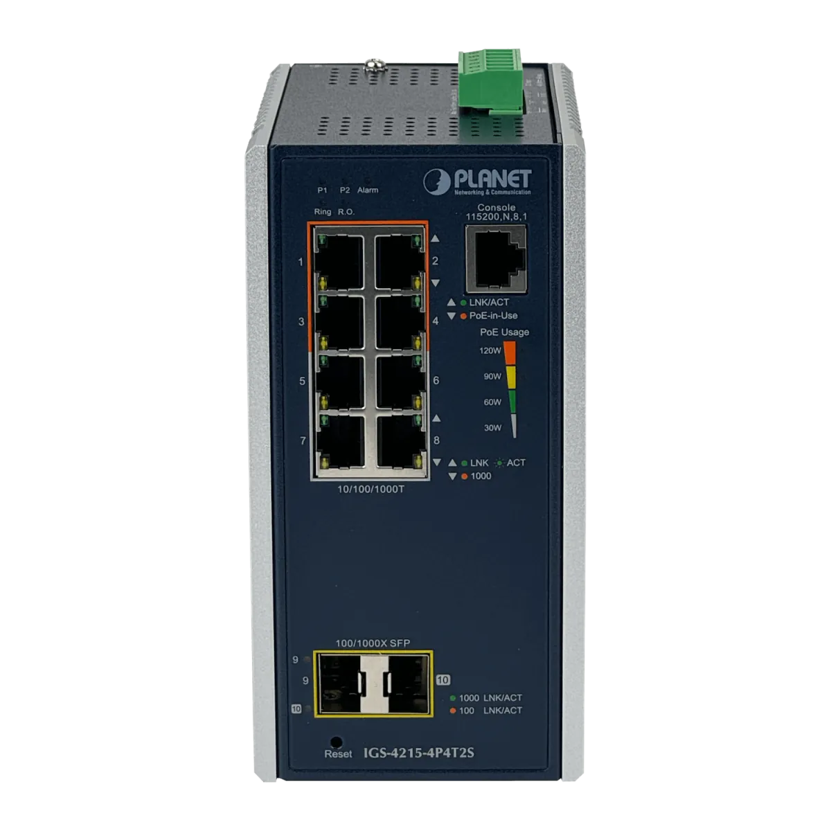 Switch PLANET 8-1000(4PoE-at) 2-SFP 144W-tot RielDIN Switch Industrial 4P4T2S 1