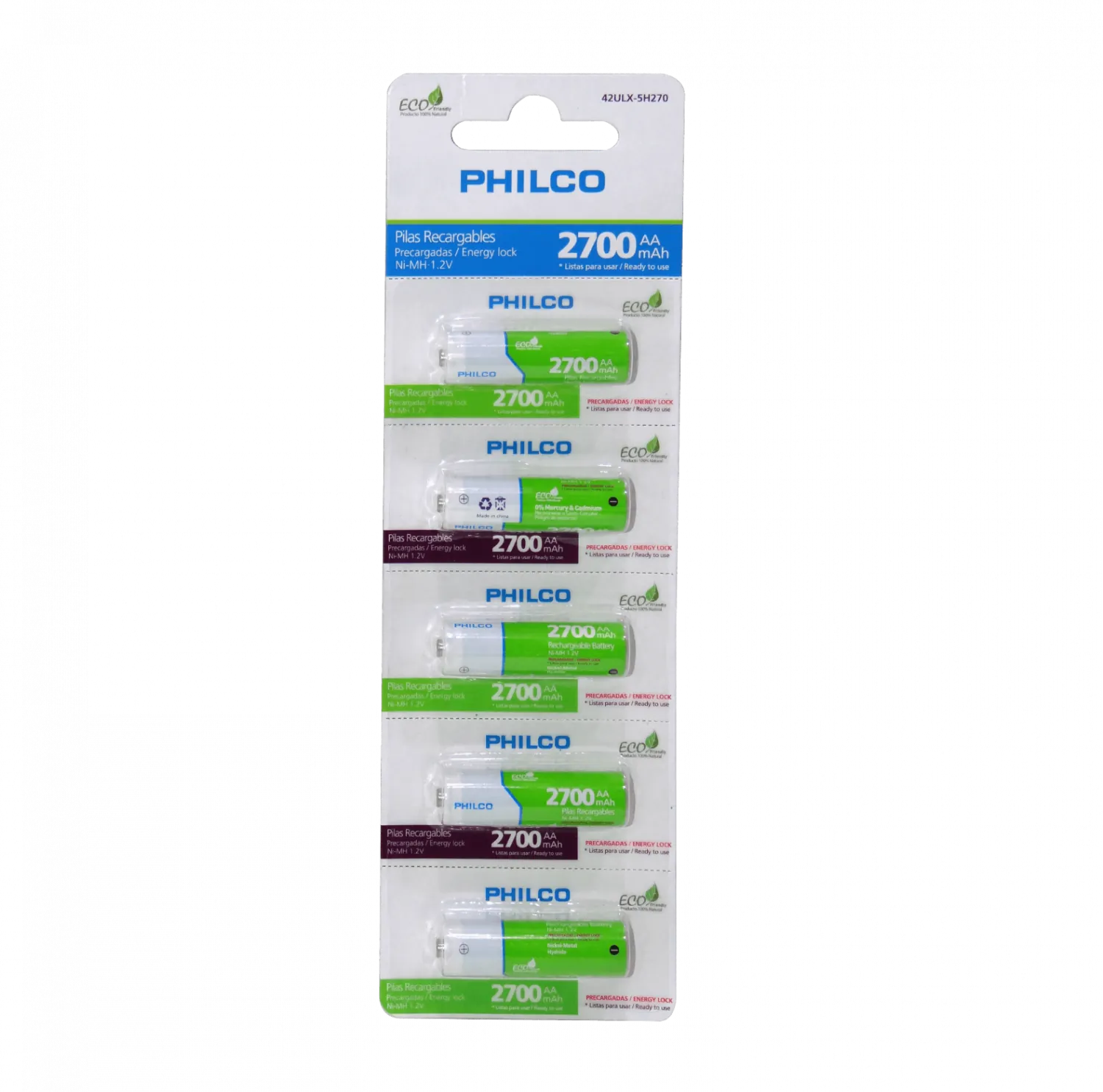 Pack 5 Pilas AA Recargable 2700mAh 1,2V Ni-MH Precargada  PHILCO AA 1