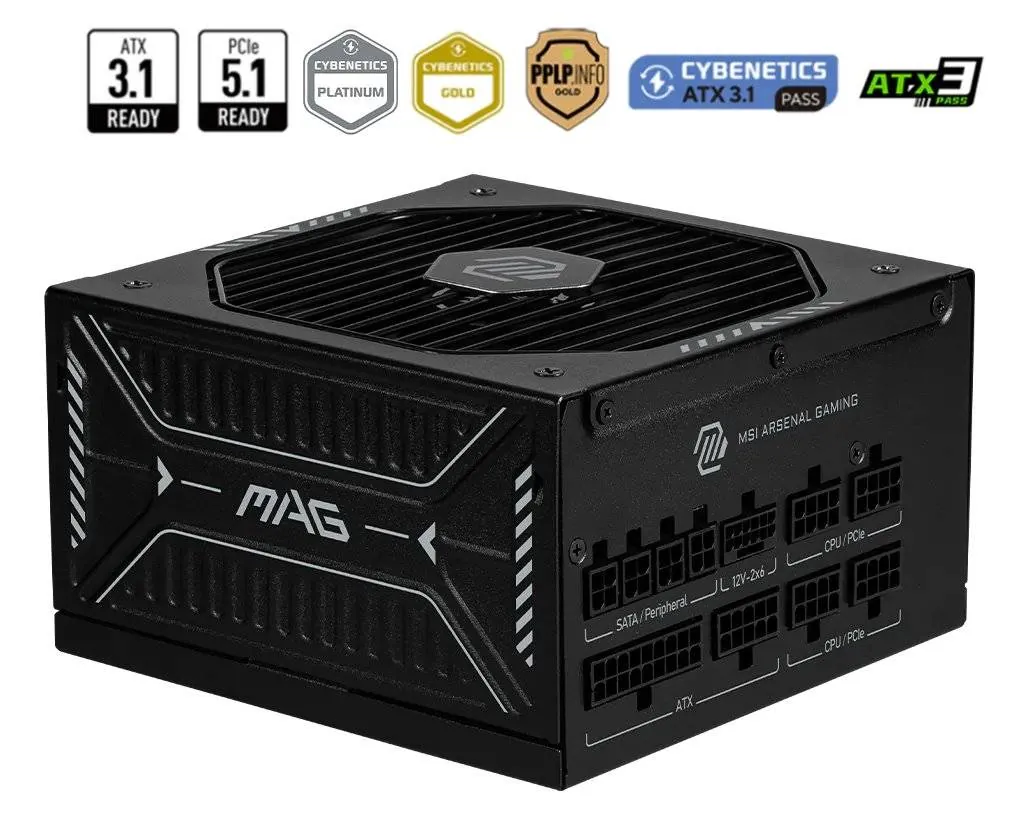 Fuente de Poder MSI MAG A1000GLS PCIE5, Full Modular, Conector 12V-6x2, Certificada 80 PLUS GOLD 1