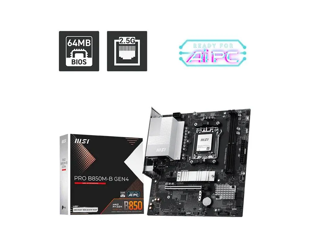 Placa Madre MSI PRO B850M-B GEN4, Socket AM5, 2x DDR5, 2x M.2, PCIe 4.0, 2.5GbE 1