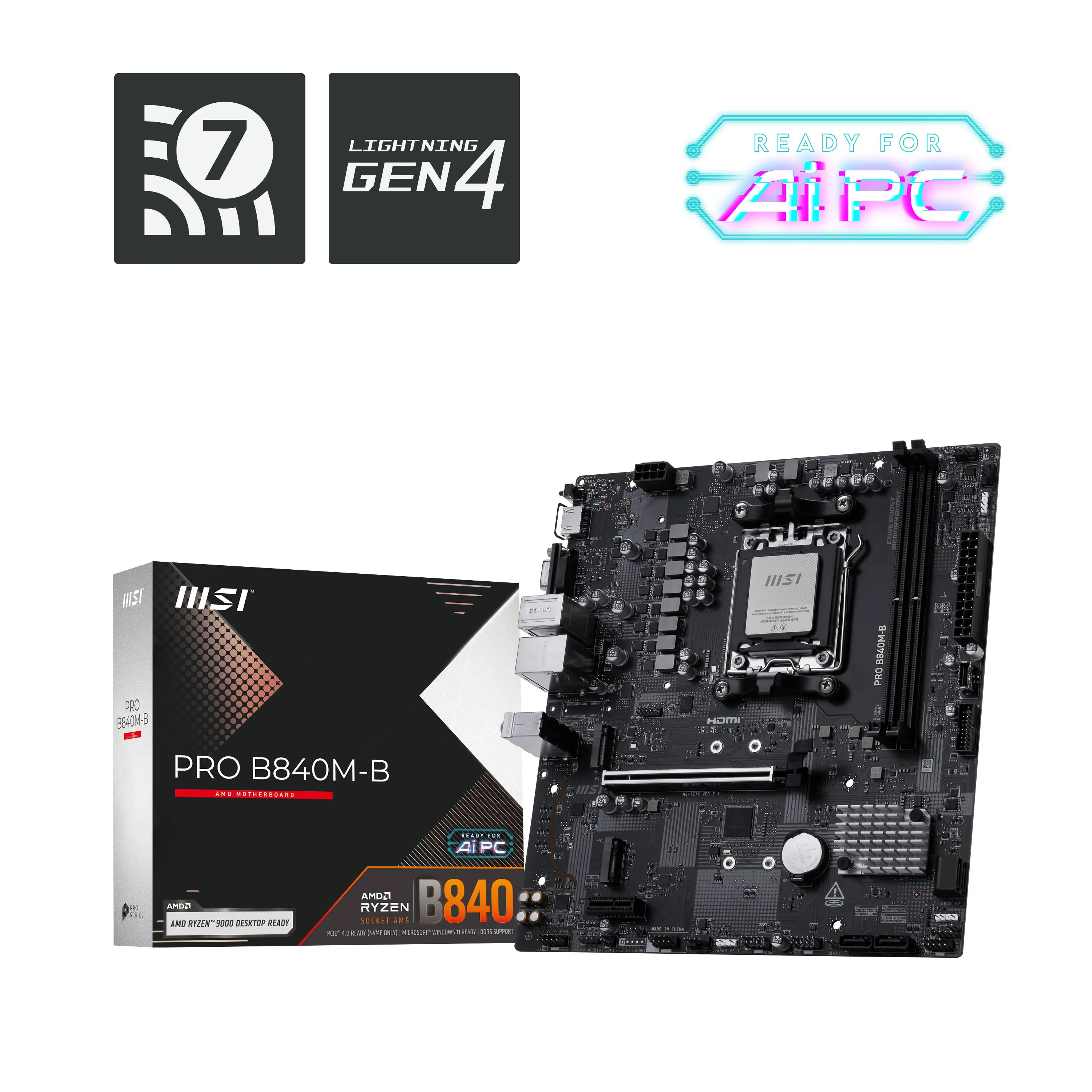 Placa Madre MSI PRO B840M-B Socket AMD AM5, 2xDDR5 2xM.2 PCIe 4.0, 4xSATA, HDMI, Micro-ATX 1