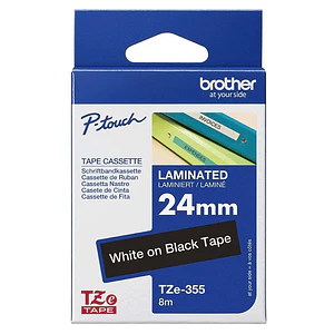 Cinta laminada Brother TZe355 Texto blanco sobre fondo negro,