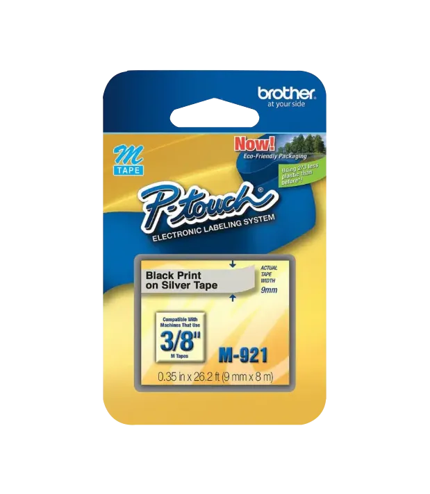 Cinta No Laminada Brother M921, Texto Negro sobre Fondo Plateado, 9mm, 8 Metros 1