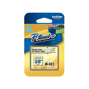 Cinta No Laminada Brother M921, Texto Negro sobre Fondo Plateado, 9mm, 8 Metros