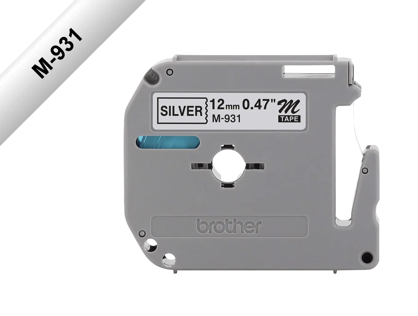 Cinta no laminada Brother M931 en negro sobre plateado de 12 mm x 8 m 1